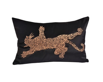 Leopard Pattern Black Velvet Throw Pillow Cover - Decorative Accent Piilow For Couch - Leopard Embroidered Home Decor Cushion - Gift idea