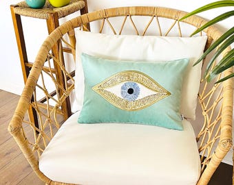 Turquoise Velvet Evil Eye Pillow Cover | Gold Sequin Throw Cushion | Evil Eye Home Décor