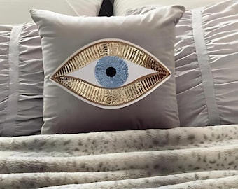 Evil Eye Velvet Pillow Cover | Gray Gold Cushion for Bed & Couch | Spiritual Home Decor | Protection Symbol Throw Pillow