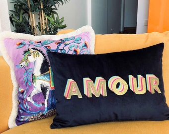 Amour Pillow - Decorative Navy Velvet Throw Pillow Cover - Detailed Smile Embroidered - Colorful Rainbow Cushion - Unique Boho Home Decor