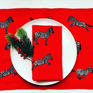 Zebra Pattern Linen Dinner Napkins - Red Linen Cloth Napkin Set of 2 4 6 8 – 18 x 18 inch Vintage Napkins -  Decorative Table Linens