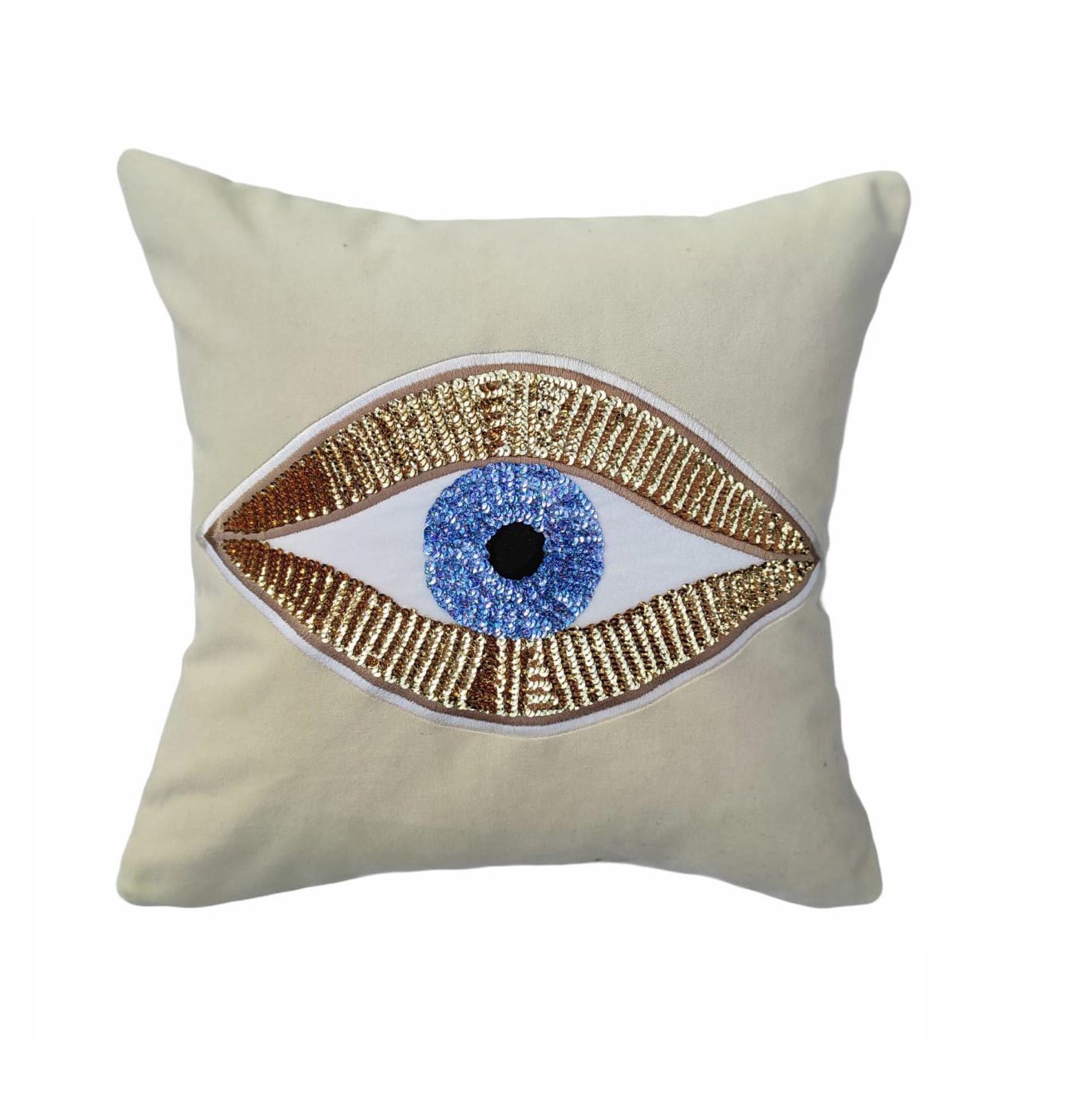Evil Eye Pillow Cover Ecru Beige Velvet Blue Eye Color Etsy