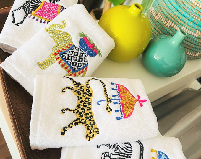 Featured listing image: Hand Towels for Bathroom - Finger Towel Set for Bath & Kitchen Decor - Embroidered Safari Animal Pattern Towel Set - Decorative Towel Set