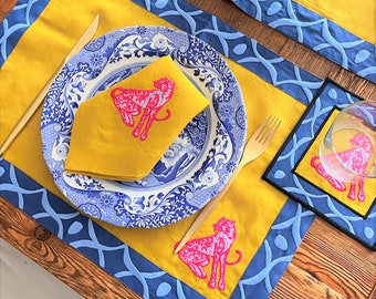 Pink Panther Placemats - Mustard Linen Place Mat Set - Dining Serving Table - Fully Embroidered Blue Corners - Animal Print Table Mats