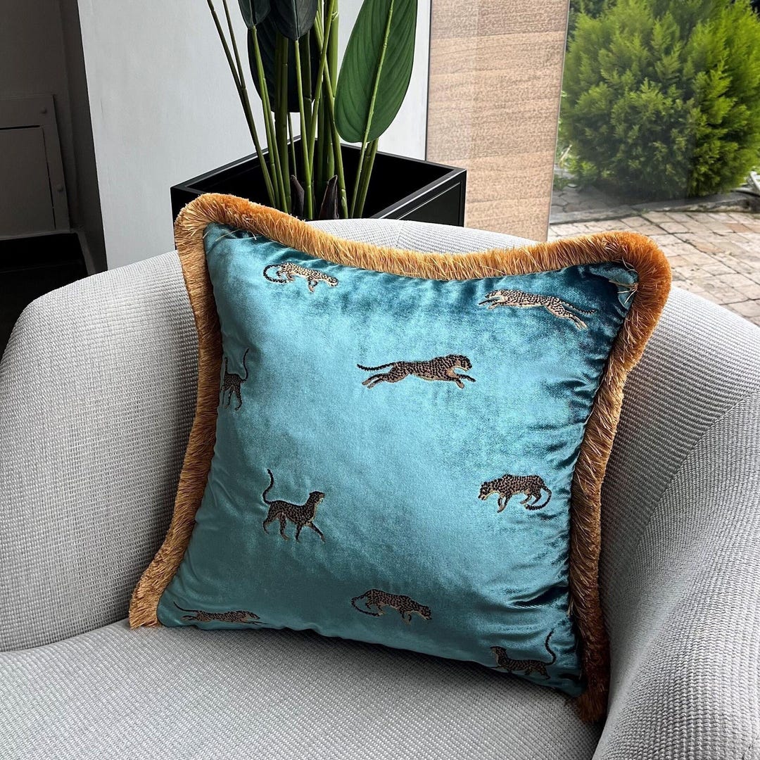 Turquoise Velvet Pillow Cover Leopard Embroidered Cushion
