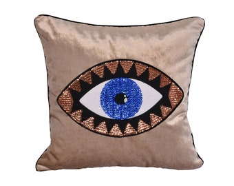 Evil Eye Pillow Cover - Almohada de terciopelo beige - Funda de almohada de lentejuelas doradas y azules - Almohada de lanzamiento hecha a mano - Protección contra la mala suerte