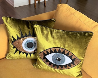 Evil Eye Pattern Throw Pillow Covers - Iridescent Moss Green Velvet Cushion Set - 18 x 18 Boho Home Decor - Protection Against Beady Eyes