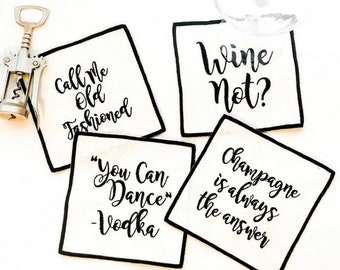 Decorative Beverage Napkins - Funny Quotes Embroidered Cocktail Napkins Set of 4 - Highest Quality Beverage Presentation