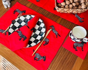 Zebra Pattern Red Placemats - Linen Placemat Set - Unique Table Linen Set of 2 4 6 8 - Zebra Embroidered Placemat - Christmas Table Decor