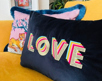 Love Pillow - Decorative Navy Velvet Throw Pillow Cover - Detailed Love Embroidered - Colorful Rainbow Cushion Case - Unique Boho Home Decor