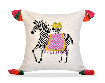 Zebra Embroidered Throw Pillow - Outdoor Pillow Cover - Safari Series Pillow Case - Fringed Colorful Cushion Cover - Safari Series 4/4