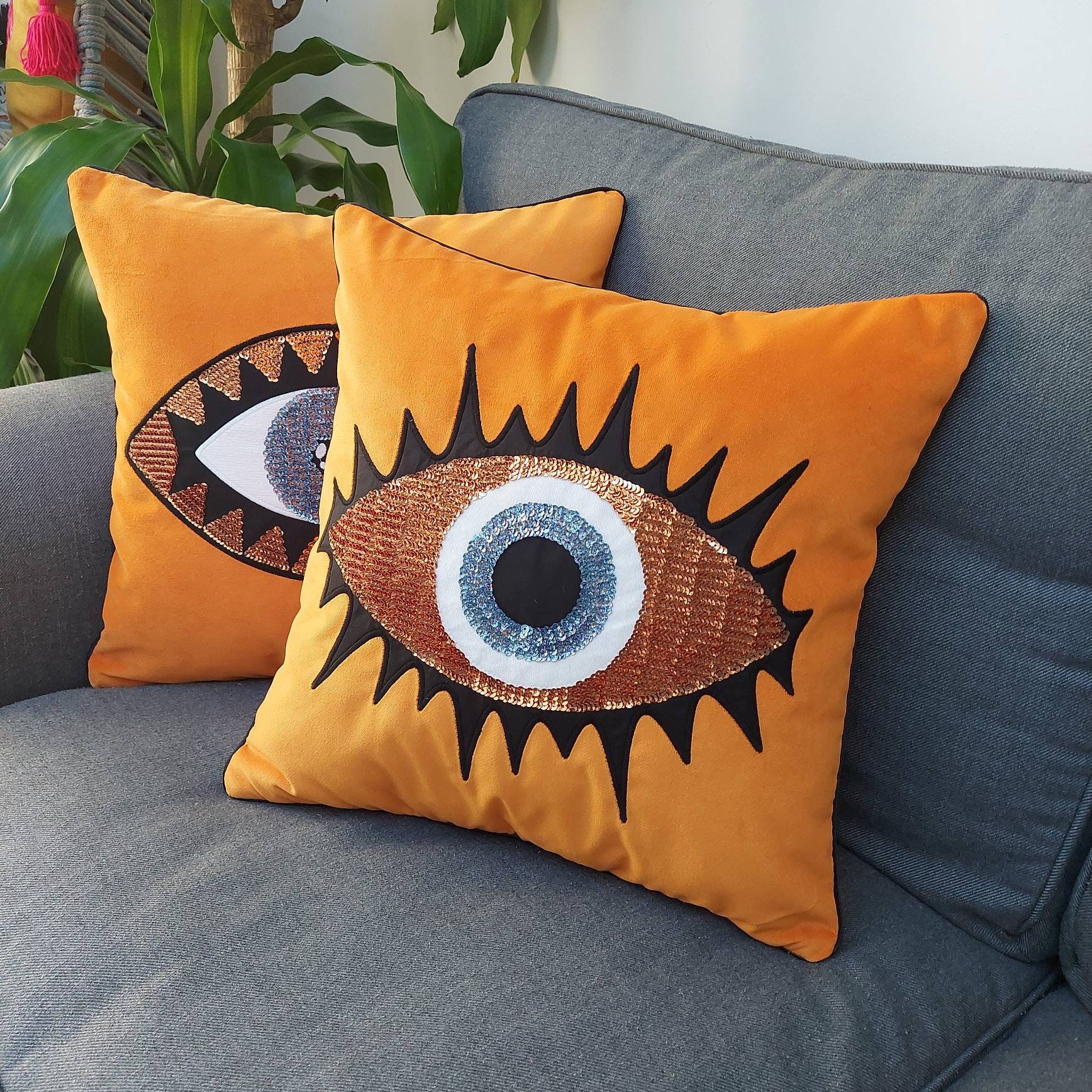 Double Set Evil Eye Pillow Covers Orange Pillow Covers Etsy