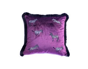 Purple Velvet Pillow Cover For Couch -  Zebra Pattern Boho Decor Throw Pillow - Attractive Animal Print Black Tassel Cushion Cover