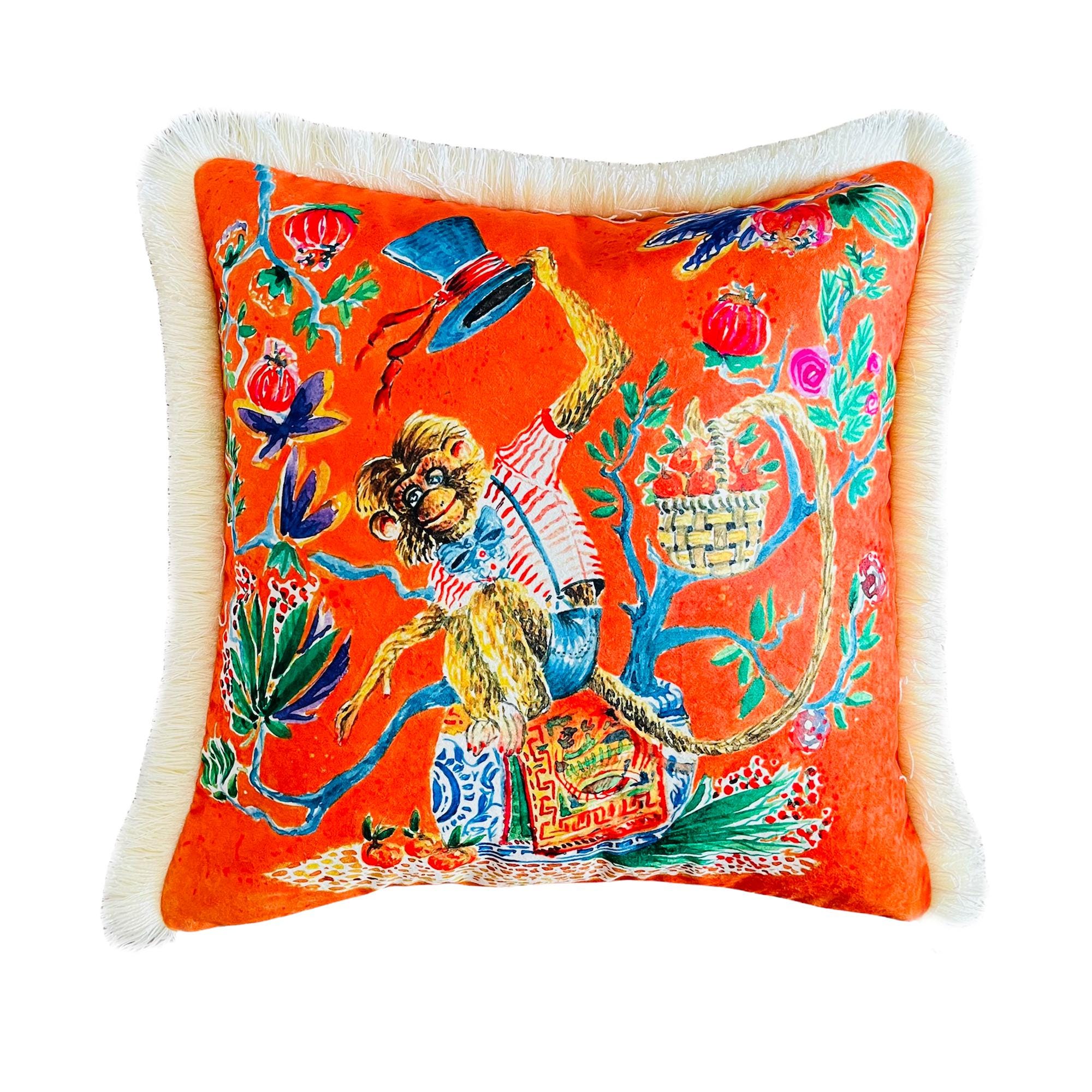 Monkey Velvet Pillow - Orange Throw Cushion - Whimsical Animal Home Decor