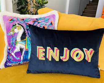 Enjoy Pillow - Decorative Navy Velvet Throw Pillow Cover - Detailed Smile Embroidered - Colorful Rainbow Cushion - Unique Boho Home Decor