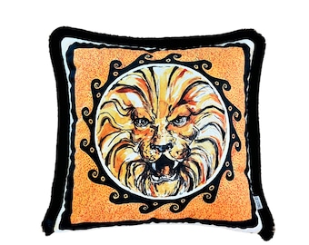 Lion Pattern Throw Pillow Cover - Funda de almohada de terciopelo amarillo - Cojín de borla negra - Patrón antiguo de Roma - Serie Heritage - Animal Print