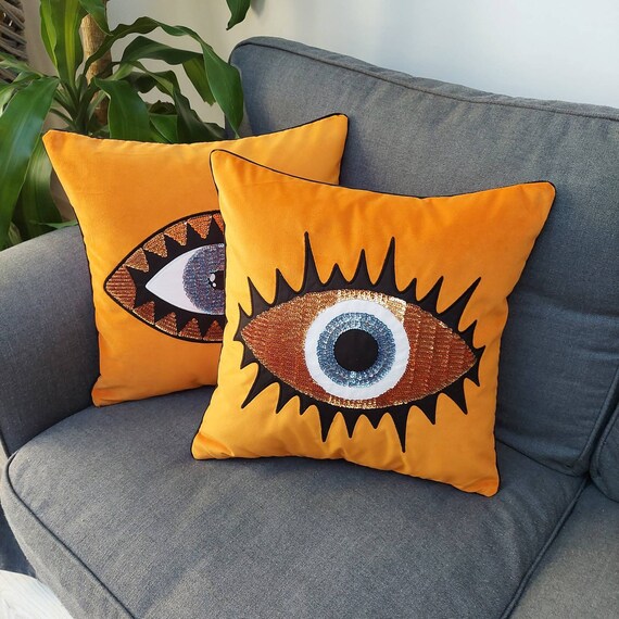 Double Set Evil Eye Pillow Covers Orange Pillow Covers Etsy