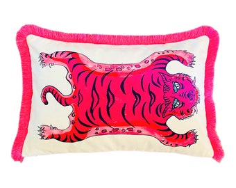 Tiger Pattern Throw Pillow Cover - Pink Tiger Pattern Pillow Case - Animal Print Heritage Series - Hot Pink Tassel Cushion - Tiger Skin