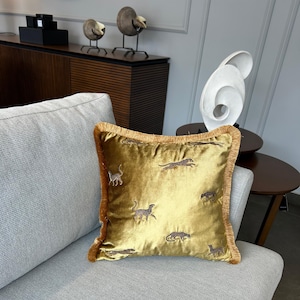 Gold Velvet Leopard Pillow | Handmade Boho Throw | Embroidered Accent Cushion | Decorative Home Décor | Gift for Her