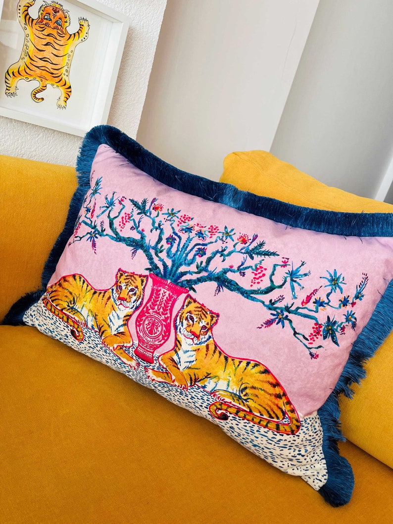 Housse de coussin motif tigre taie d'oreiller en velours rose coussin à pampilles bleu pétrole coussin décoratif pour la maison coussin à imprimé animal image 7