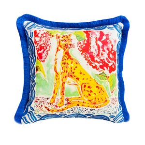 Leopard Samt Kissenbezug - Aquarell Animal Print Kissen - Blauer Fransen Akzent