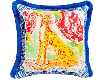 Leopard Velvet Pillow Cover - Watercolor Animal Print Cushion - Blue Fringe Accent