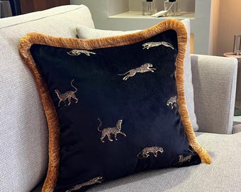 Leopard Velvet Pillow Cover – Black Embroidered Cushion with Gold Fringe
