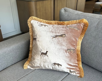 Leopard Pattern Throw Pillow - Beige Velvet Pillow Case - Gold Tassel Cushion Cover - Eye-Catching Home Decor Pillow - Accent Pillow Cover