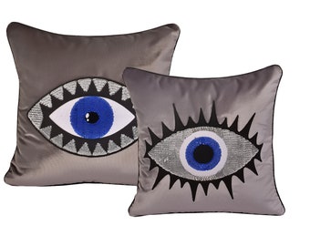 Throw Pillow Set - Evil Eye Pillow Covers - Silver & Blue Sequin Accent Pillows - Shiny Gray Velvet Cushions - Protection against Misfortune