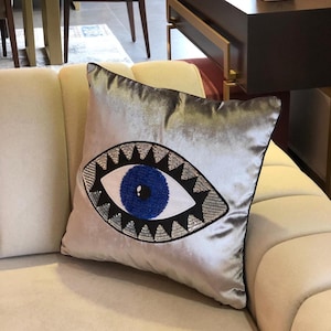 Gray Velvet Evil Eye Pillow Cover | Sequin Embroidered Cushion | Protective Home Décor Throw