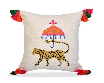 Leopard Embroidered Throw Pillow - Decorative Pillow Cover - Decorative Linen Cushion - Fringed Colorful Cushion Cover - Safari Series 3/4