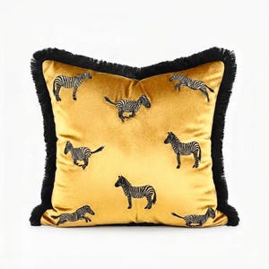 Zebra Print Gold Velvet Pillow – Black Tassel Boho Cushion for Couch
