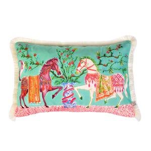 Horse Pattern Throw Pillow - Sea Green Velvet Pillow Case - Cream Tassel Cushion - Unique Home Decor Pillow - Animal Print Accent Pillow