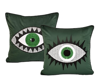 Throw Pillow Set - Decorative Evil Eye Pattern Throw Pillow Covers For Couch – Eye-Catching Green Velvet Cushions – Unique Bohemian Pillows