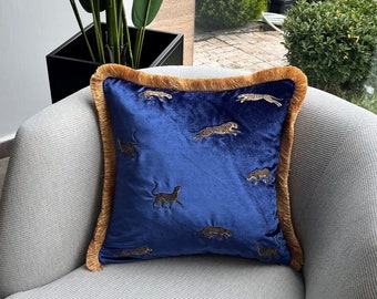 Leopard Pattern Blue Velvet Pillow Cover - Shiny Navy Blue Velvet Pillow - Gold Tassel Cushion Cover For Couch - Leopard Print Gift Idea