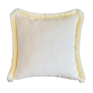 May include: A cream-colored pillow with a fringe border. The pillow is made of a soft, velvety fabric.