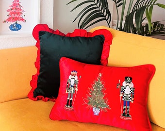 Nutcracker Pattern Throw Pillow Cover - Decorative New Year Tree Series Red Pillow Case - Detailed Real Beaded Embroidered Cushion Cover