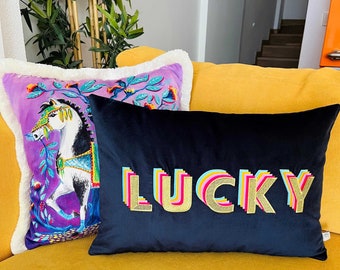 Lucky Pillow - Decorative Navy Velvet Throw Pillow Cover - Detailed Smile Embroidered - Colorful Rainbow Cushion - Unique Boho Home Decor