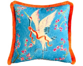 Blue Velvet Crane Pillow Cover – Feng Shui Blessing, Orange Back