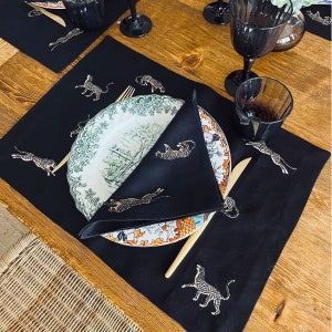 Leopard Pattern Dinner Napkin Set - Black Linen Cloth Napkin Set of 2 - %100 Linen Decorative Napkins