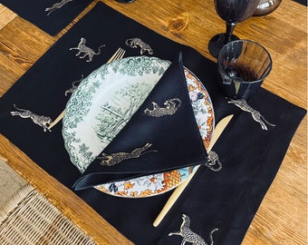 Leopard Pattern Dinner Napkin Set - Black Linen Cloth Napkin Set of 2 - %100 Linen Decorative Napkins