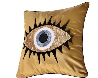 Gold Velvet Evil Eye Pillow Cover – Sequin Accent, Handmade