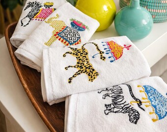 Safari Animal Hand Towel Set | Embroidered 100% Cotton Bath Decor | Unique Bathroom Gift