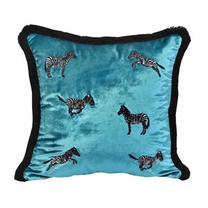 Turquoise Zebra Velvet Pillow – Boho Animal Print Cushion with Black Tassels