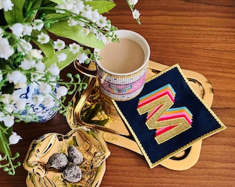 Customized Letter Napkins - Rainbow Color Embroidered Navy Linen Coffee Decor - Gold Cording