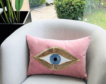 Evil Eye Pattern Throw Pillow For Couch - Pink Velvet Cushion Cover - Gold Sequin Evil Eye Pattern - Protection against Beady Eyes