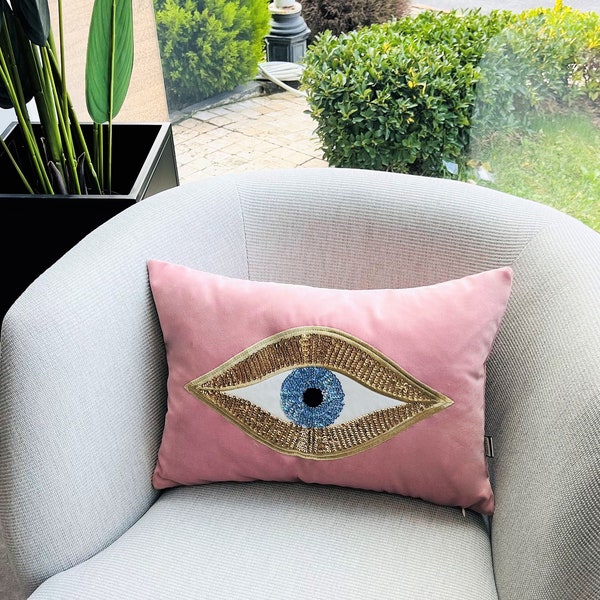 Evil Eye Pattern Throw Pillow For Couch - Pink Velvet Cushion Cover - Gold Sequin Evil Eye Pattern - Protection against Beady Eyes