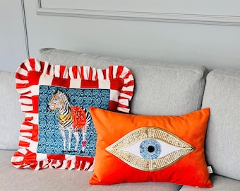 Eye Pattern Throw Pillow For Couch - Orange Velvet Cushion Cover - Gold Sequin Evil Eye Pattern - Room Decor - Protection against Beady Eyes