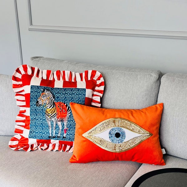 Orange Velvet Throw Pillow Cover – Gold Sequin Evil Eye Design