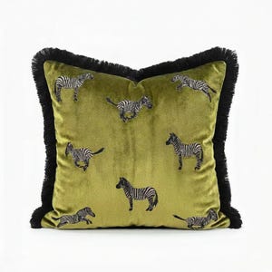 Zebra Print Velvet Pillow – Olive Green Animal Print Cushion Cover with Black Tassels